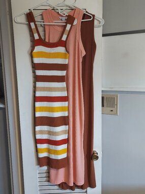 3-Piece Ribbed Tank Dress Bundle | Warm Neutrals | Bodycon Midi Dresses | M